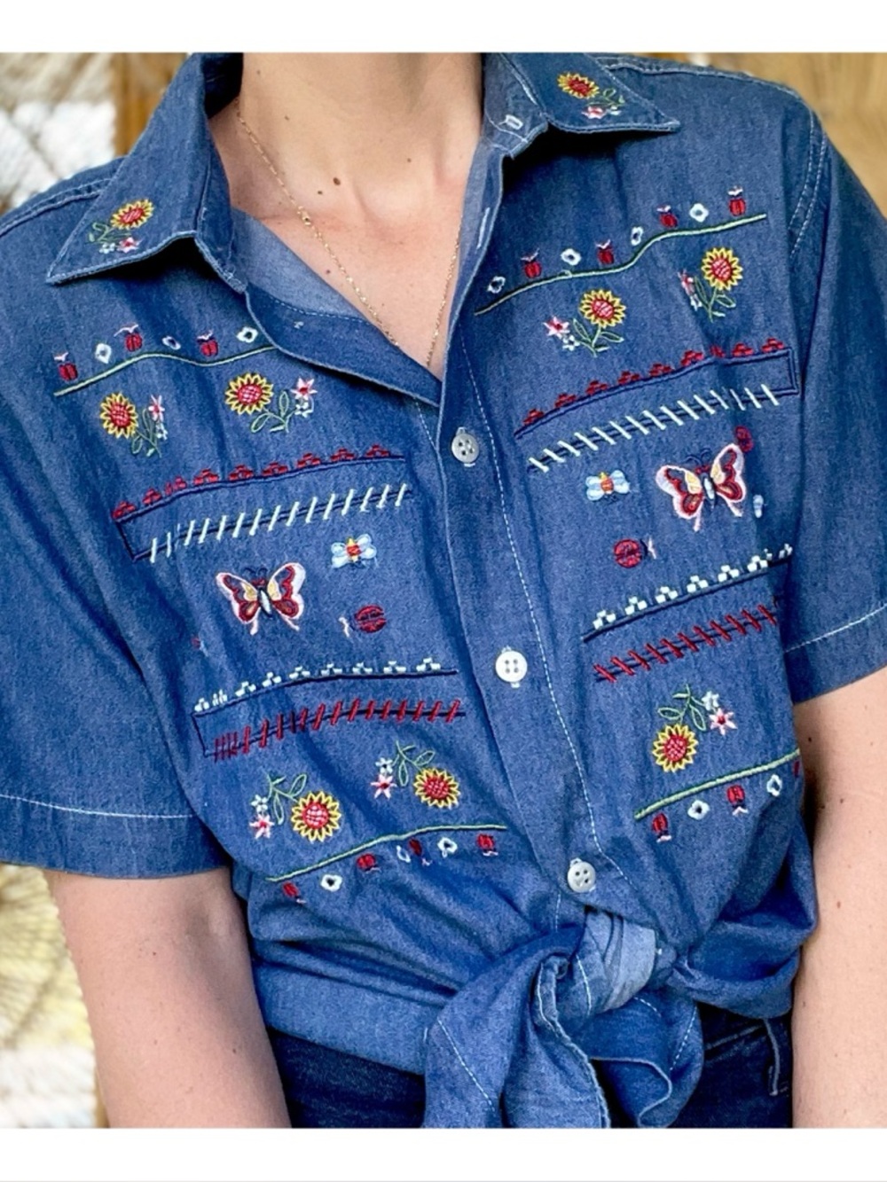 Vintage Capacity Embroidered Country Butterflies Flowers Denim Button Down Shirt
